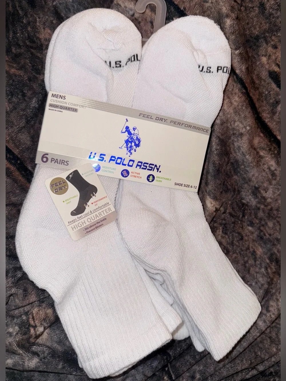 U.S. Polo Assn. Men's High Quarter Socks 6 Pair White Shoe Size 6-12 NWT